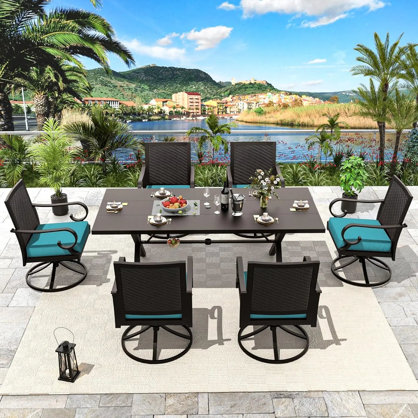 5 Piece Rattan Patio Dining Set with Cushions and Navy Blue Chairs