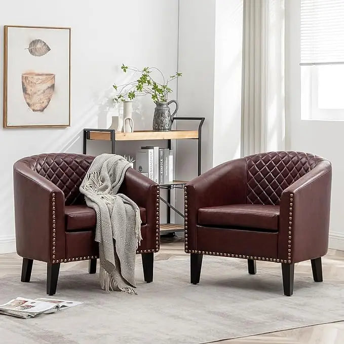 29 Inch Faux Leather Barrel Chairs Set of 2 Modern Accent Chairs