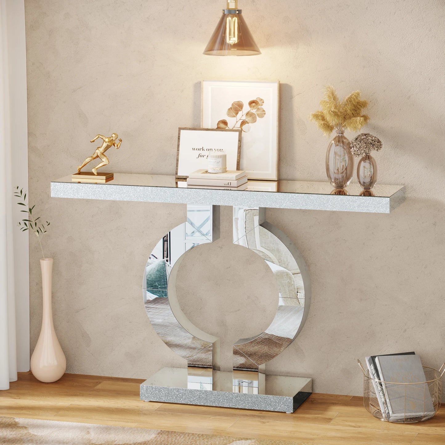 Tribesigns 43 Inch Mirrored Console Table with O Shaped Base