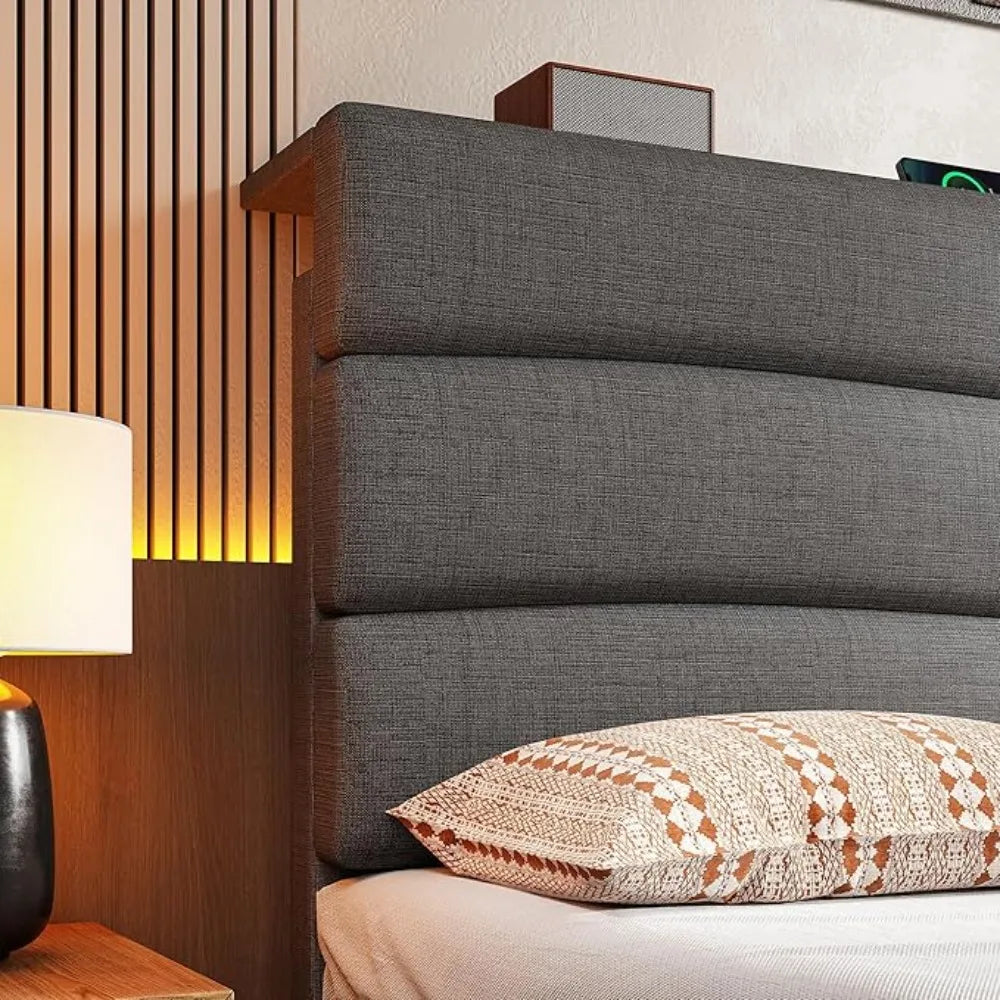 Queen Bed Frame with Upholstered Headboard and Storage Charging Station