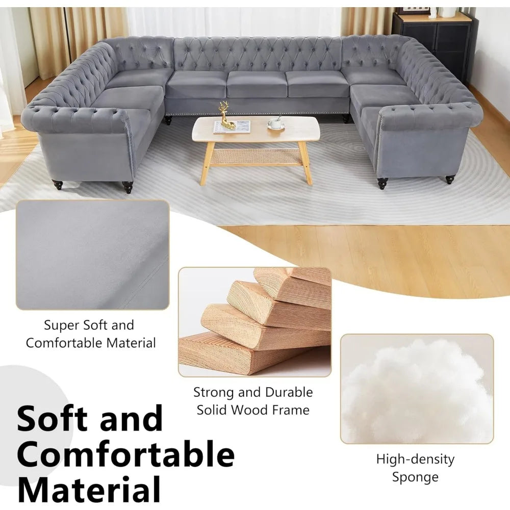 U Shaped Velvet Chesterfield Sofa 9 Seater with Rolled Armrest