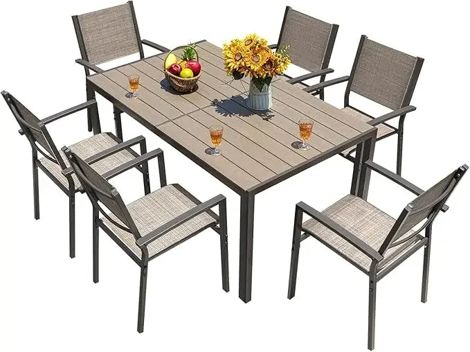 Modern 7 Piece Patio Dining Set with Rattan Table and Chairs