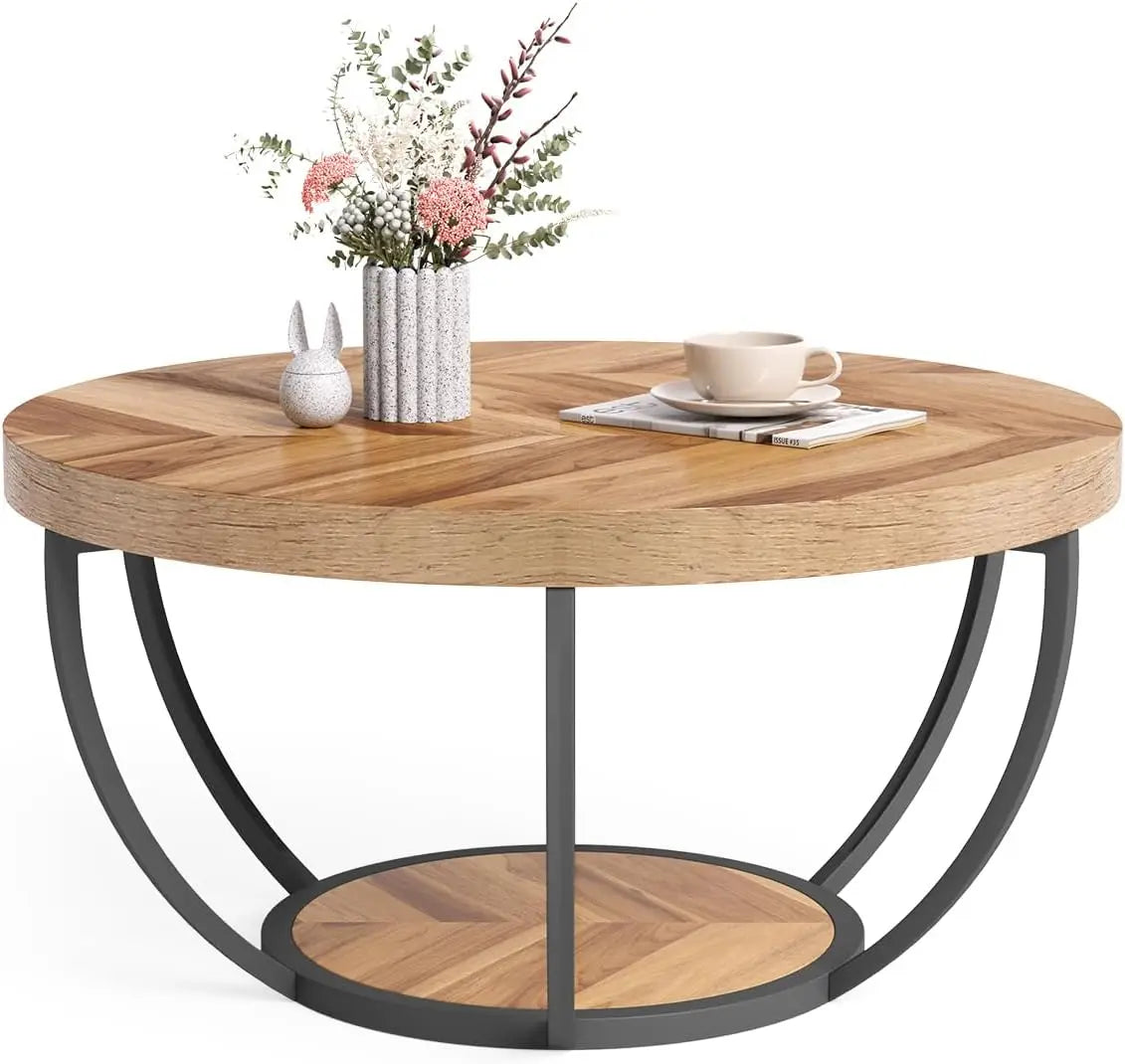 32 Inch Circle Marble Coffee Table with Golden Metal Legs