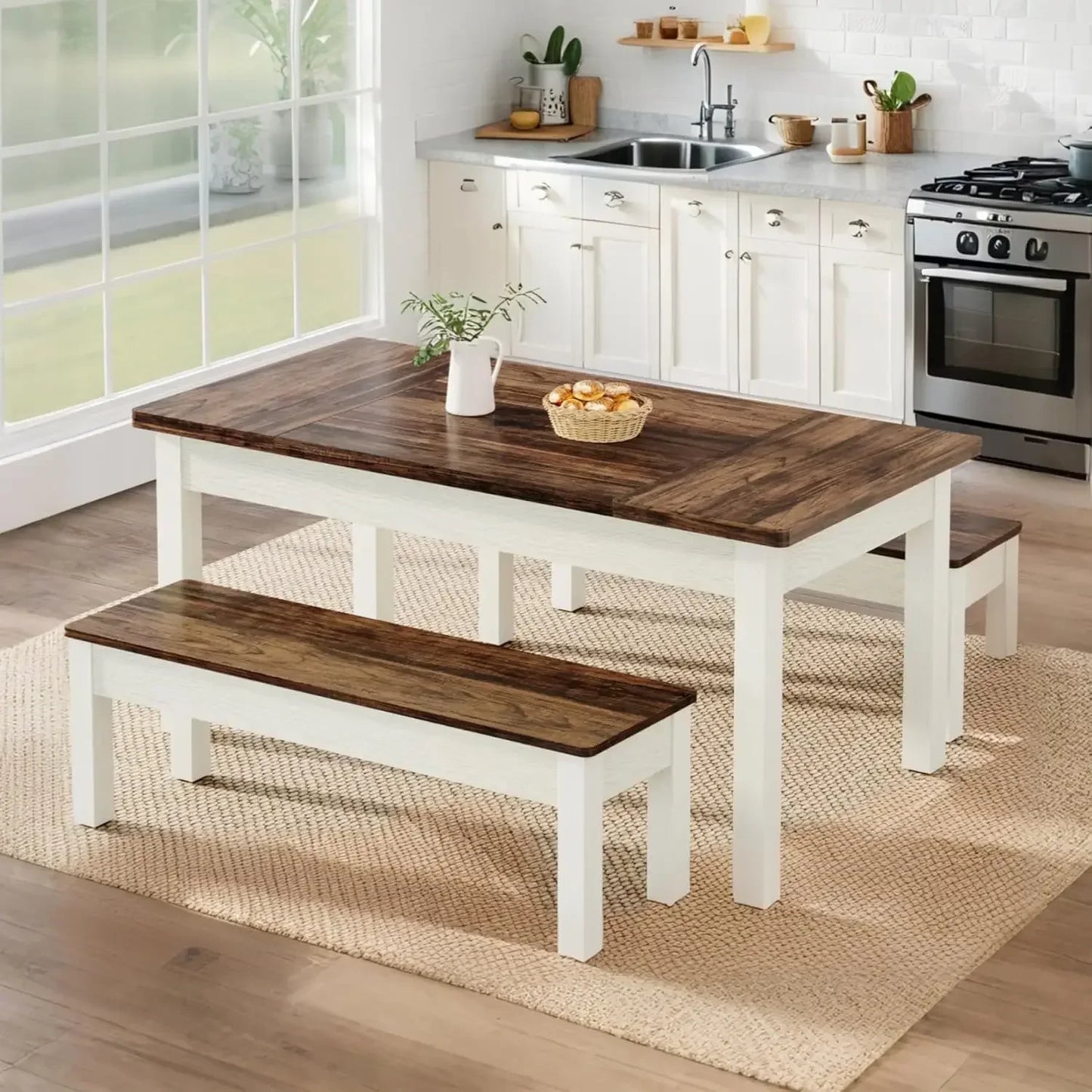 Farmhouse Wooden Dining Table Set for 4 to 6 with Benches