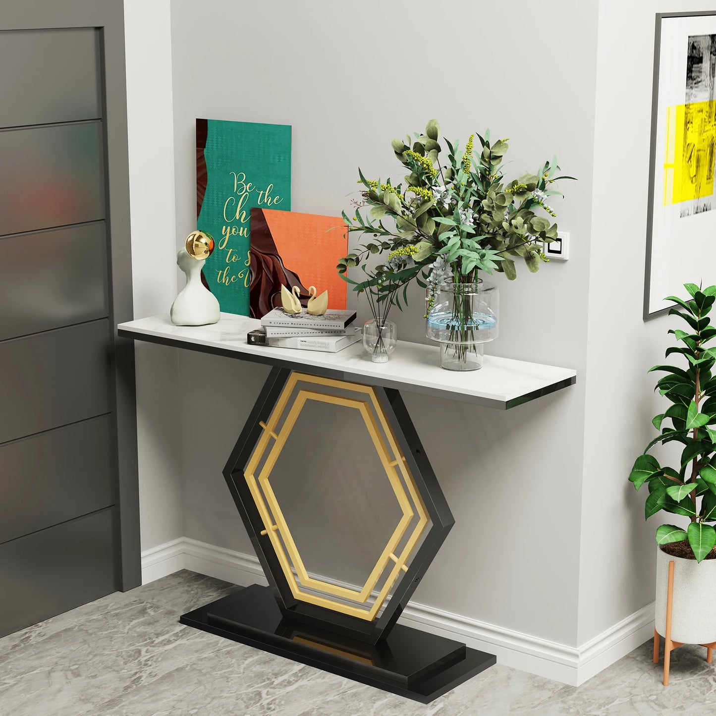 Modern Metal Console Table with Sintered Stone Top for Entryway