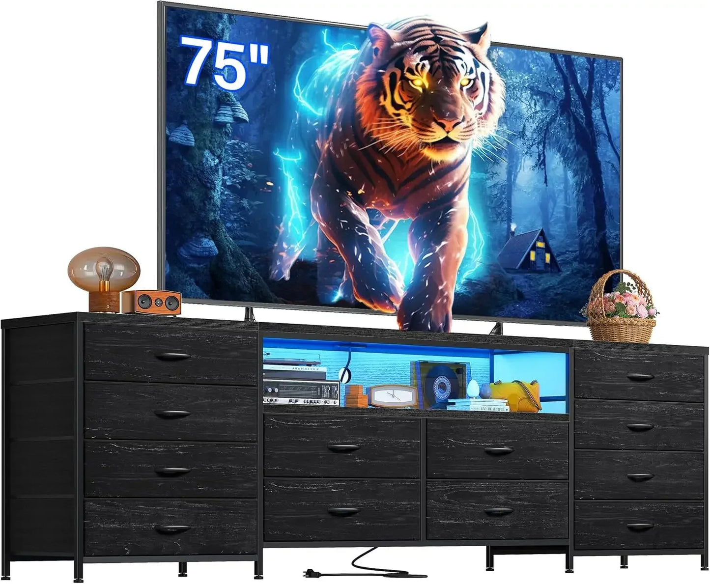 75 Inch TV Stand with LED Lights and 12 Drawer Dresser
