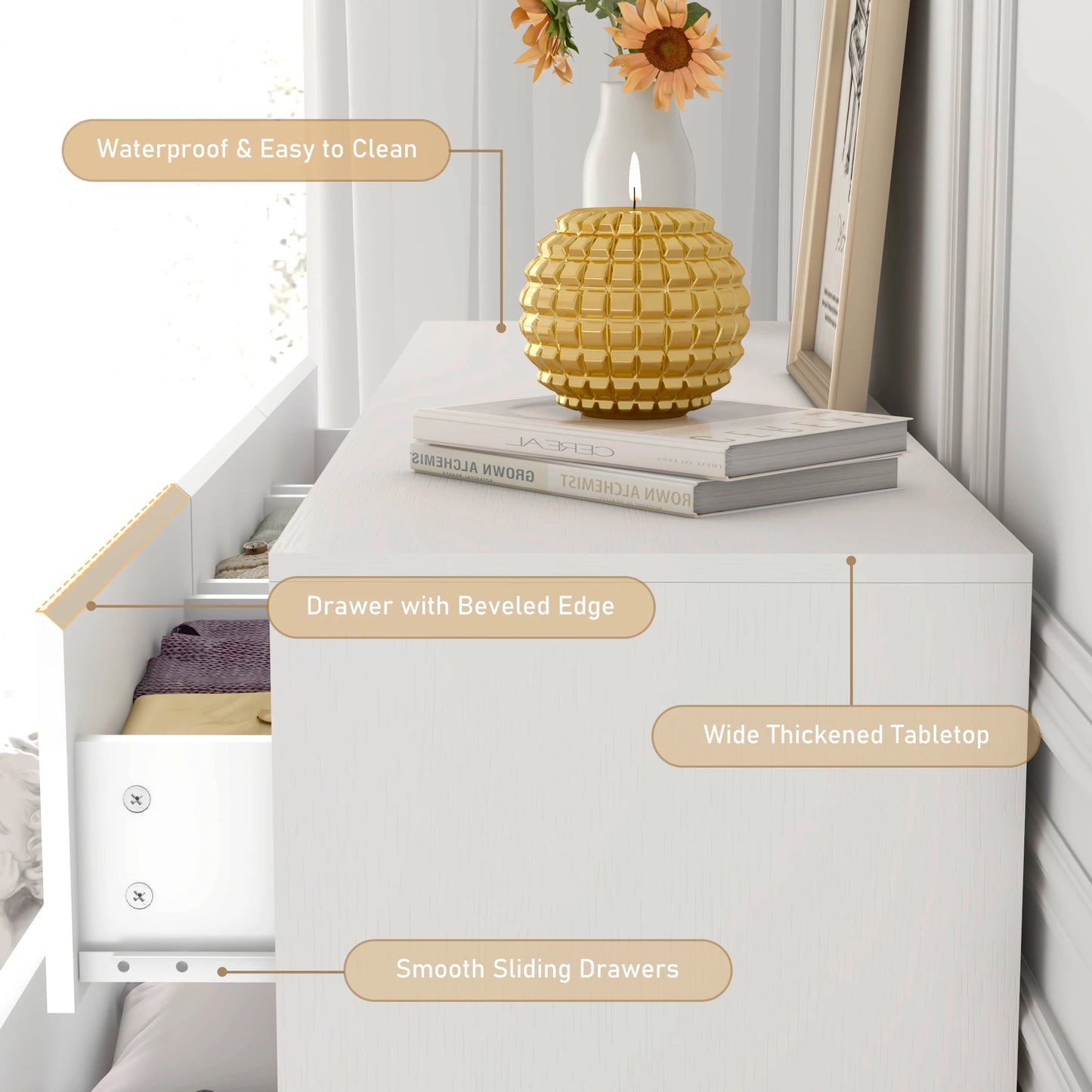 Modern 7 Drawer Dresser with High Gloss Finish in White Black