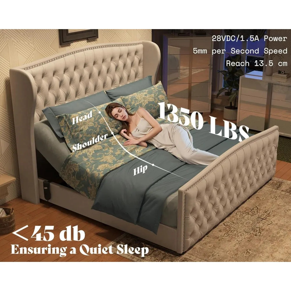 Amerlife King Size Adjustable Bed Frame with Velvet Headboard