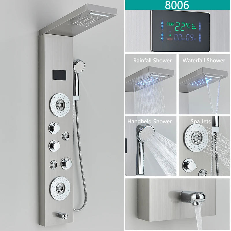 LED Rainfall Shower Faucet Set with Temperature Display and Massage
