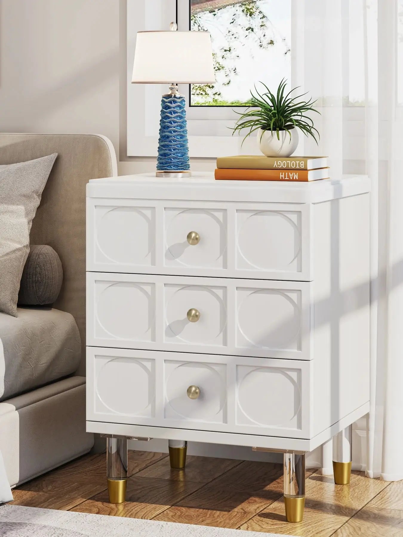 Tribesigns Modern White Gold 3-Drawer Nightstand with Storage
