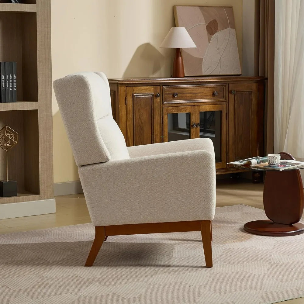 Beige Upholstered Wingback Armchair Mid Century Modern Design