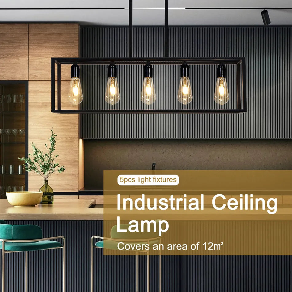 Vrygle Industrial 5-Bulb Black Ceiling Lamp for Kitchen and Living Room