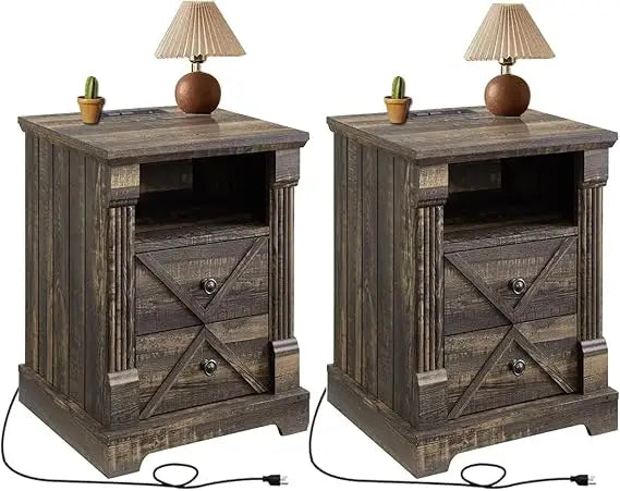 Rustic Nightstand with Charging Station and Barn Door Design