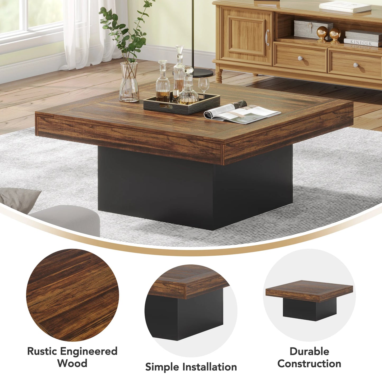 Tribesigns Square LED Coffee Table for Living Room Rustic Style