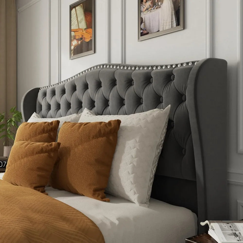 Queen Size Platform Bed Frame with Camelback Headboard and Storage