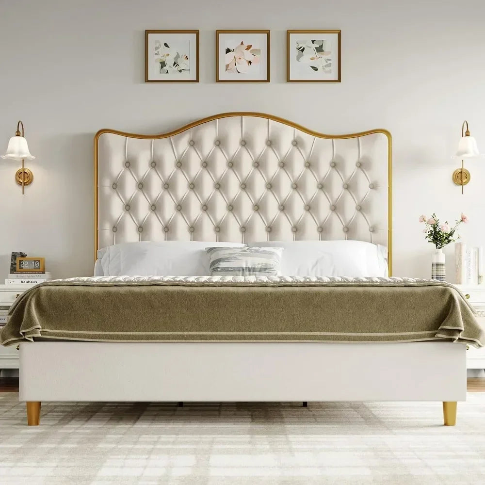 Modern Velvet Upholstered Queen King Size Platform Bed Frame