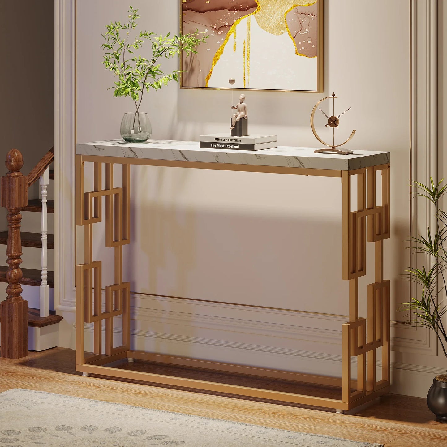 Tribesigns Gold Console Table with White Faux Marble Top
