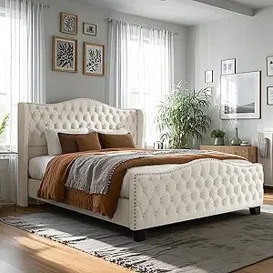 Queen Size Platform Bed Frame with Camelback Headboard and Storage