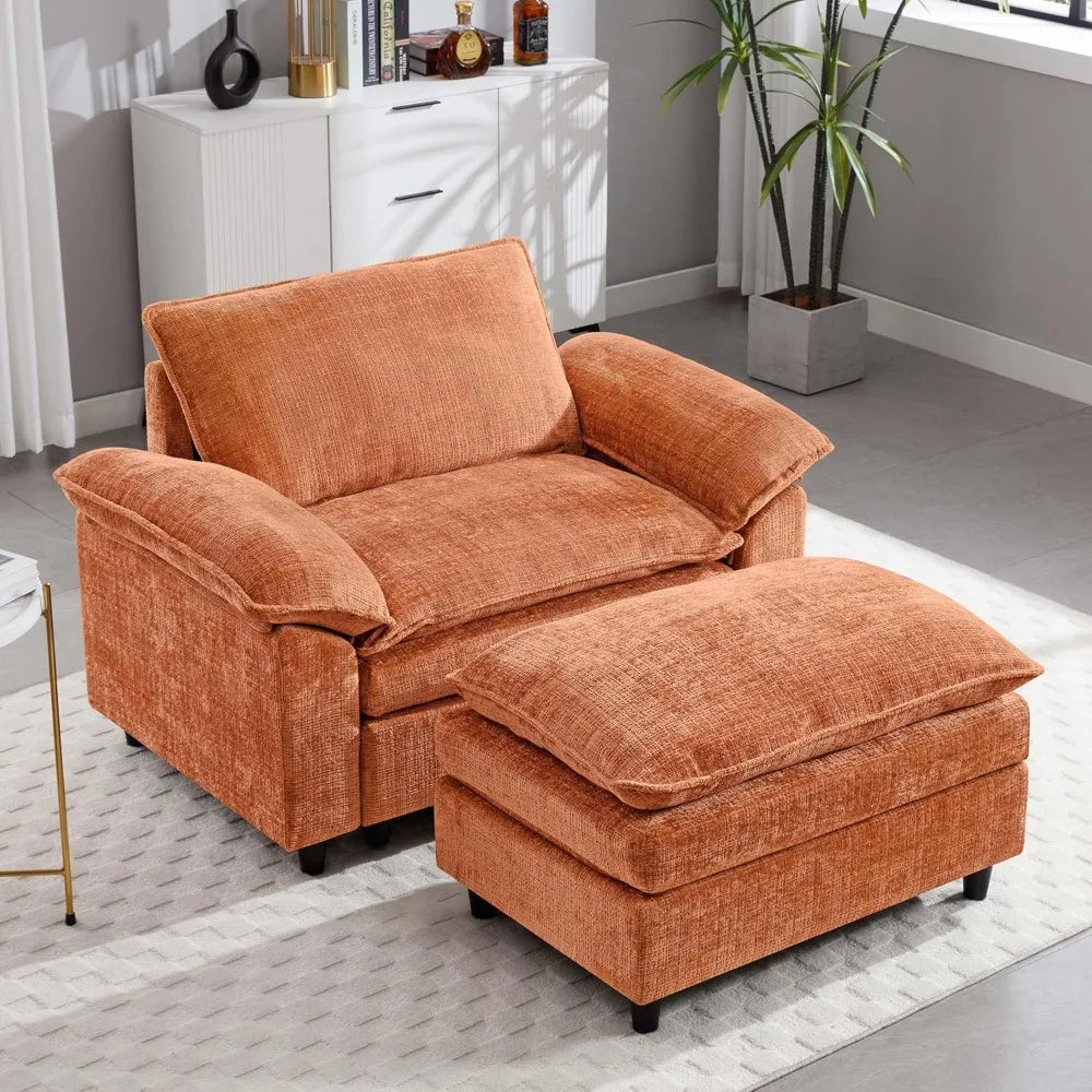 Orange Oversized Cloud Accent Chair with Ottoman for Comfort