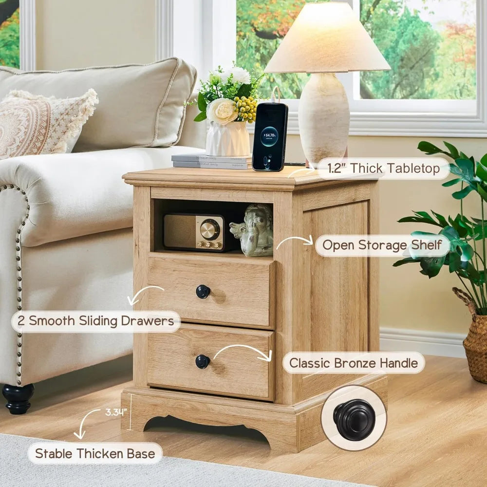 Vintage Nightstand with Charging Station and Storage Shelf