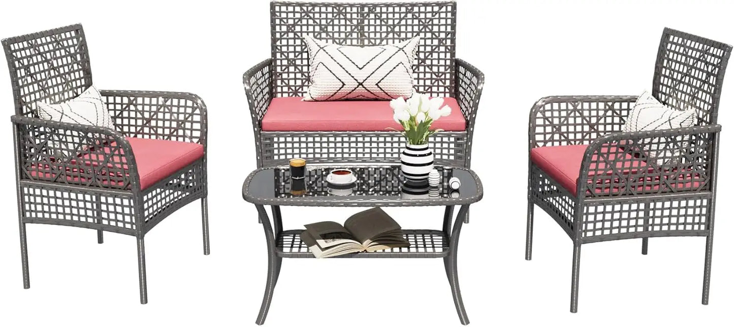 4 Piece Outdoor Patio Furniture Set with Cushions and Table