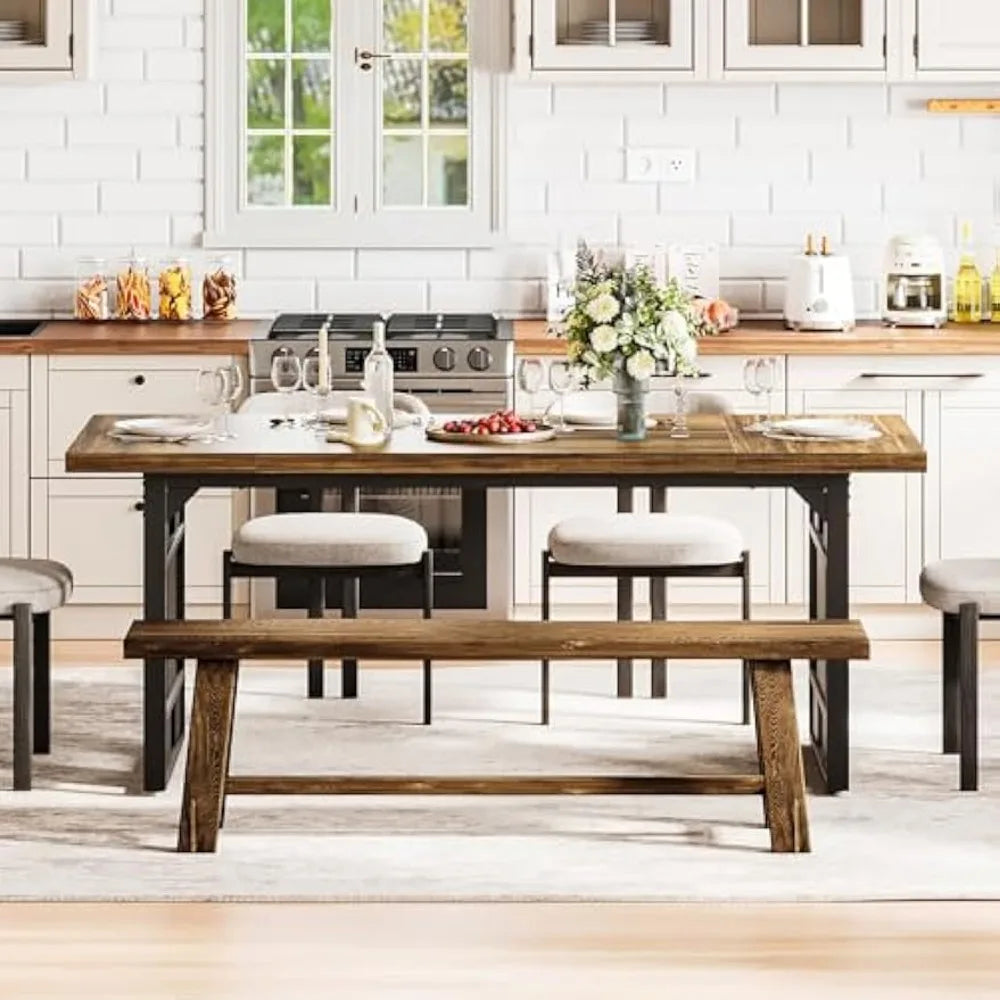 Rustic 71 Inch Large Dining Table for 6 with Metal Frame