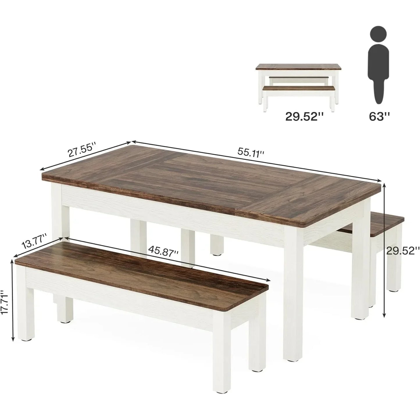 Farmhouse Wooden Dining Table Set for 4 to 6 with Benches