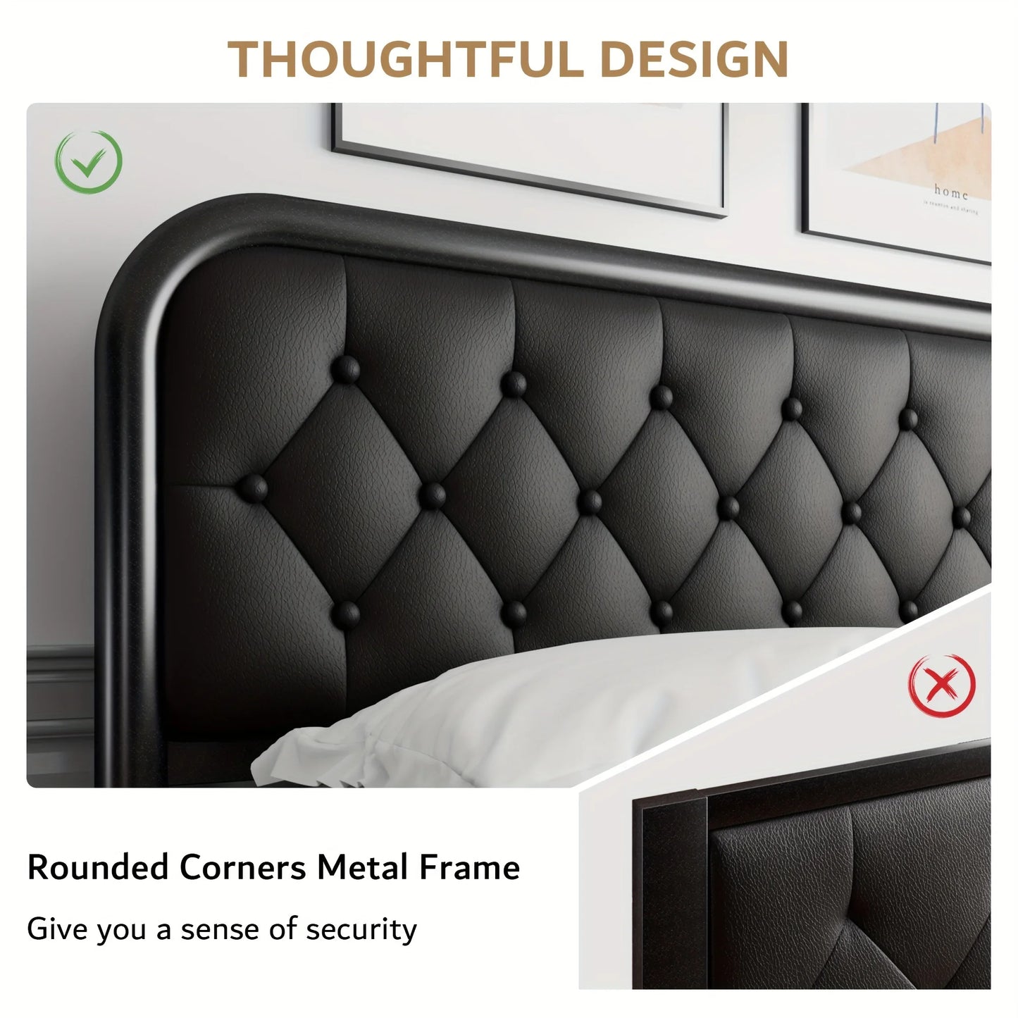 Classic Metal King Full Size Bed Frame with Faux Leather Headboard