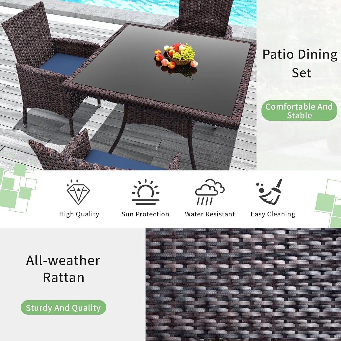 5 Piece Rattan Patio Dining Set with Cushions and Navy Blue Chairs