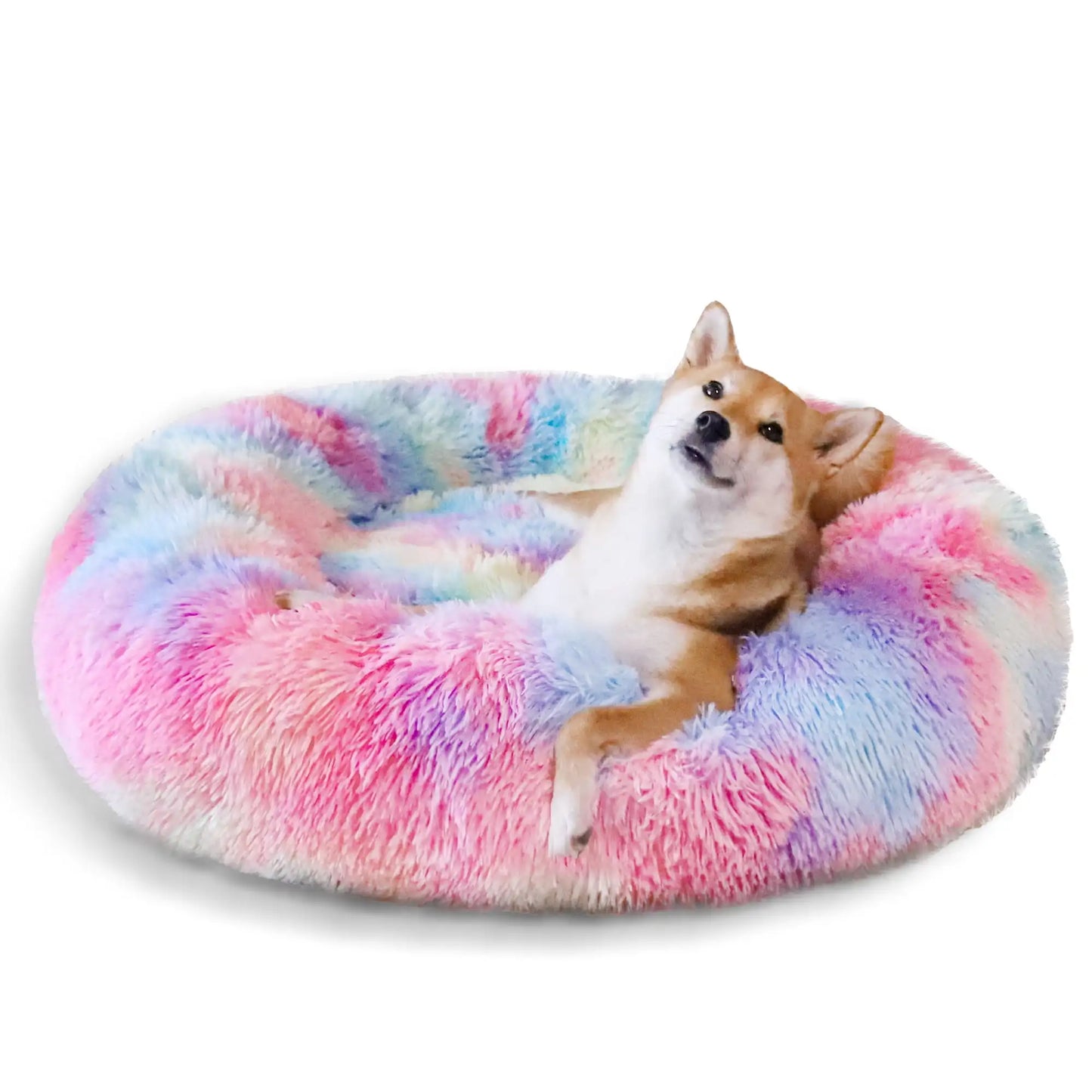 Calming Donut Pet Bed for Large Dogs 36 Inch Pink Rainbow