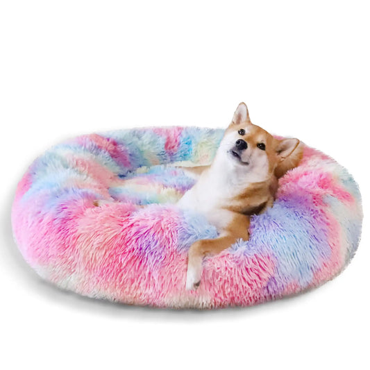 Calming Donut Pet Bed for Large Dogs 36 Inch Pink Rainbow