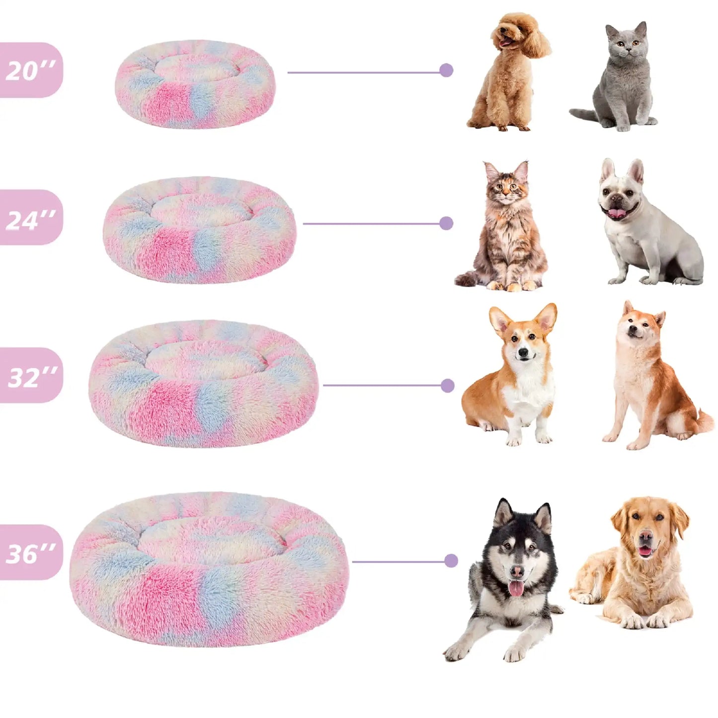 Calming Donut Pet Bed for Large Dogs 36 Inch Pink Rainbow