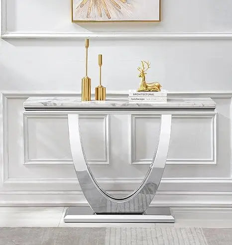 White Marble Console Table with Stainless Steel Base for Living Room