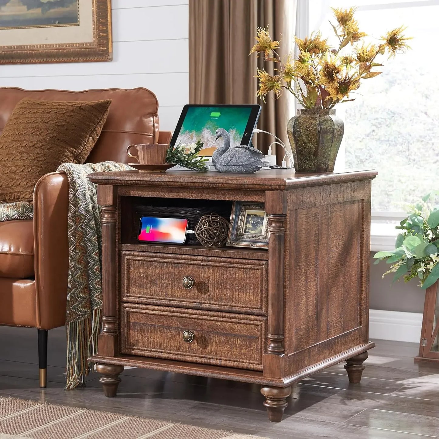 24 Inch Farmhouse End Table with Charging Station and Drawers