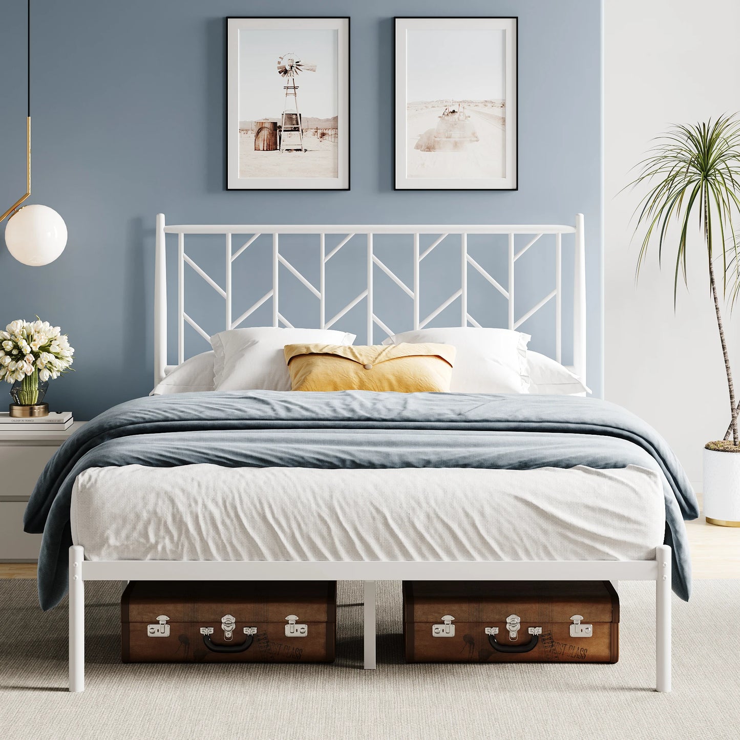 HOOMIC Metal Platform Bed Frame with Vintage Headboard and Storage