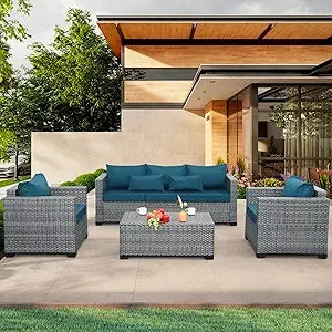 4 Piece Royal Blue Wicker Patio Furniture Set with Storage Table