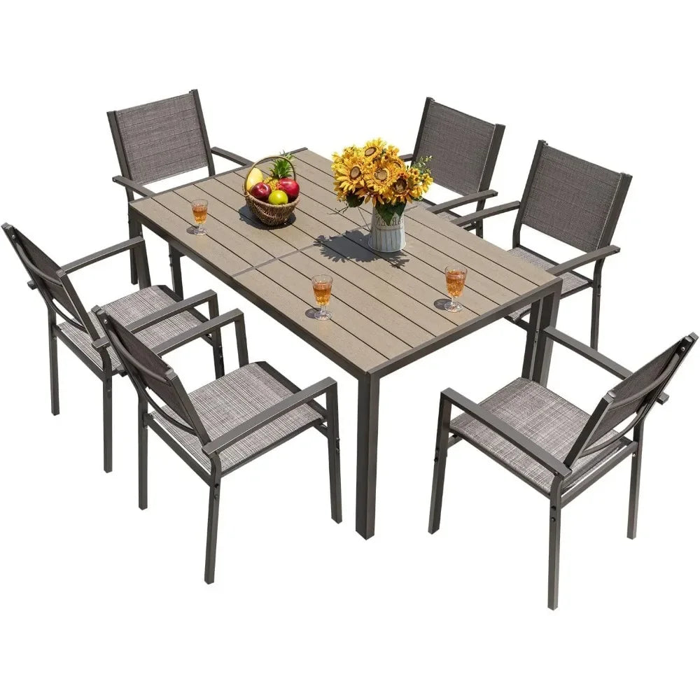 Modern 7 Piece Patio Dining Set with Rattan Table and Chairs