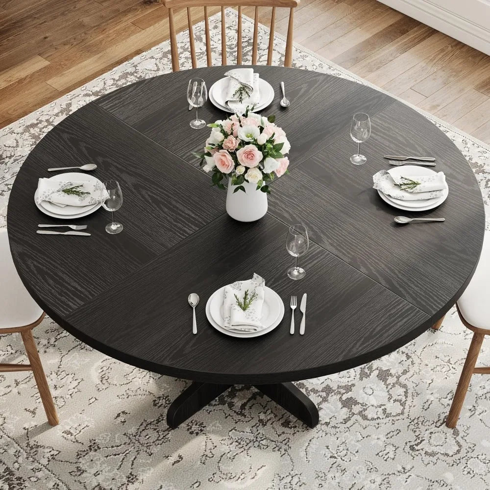 Round Dining Table for 4 with Wooden Base 47 Inch Black Circle