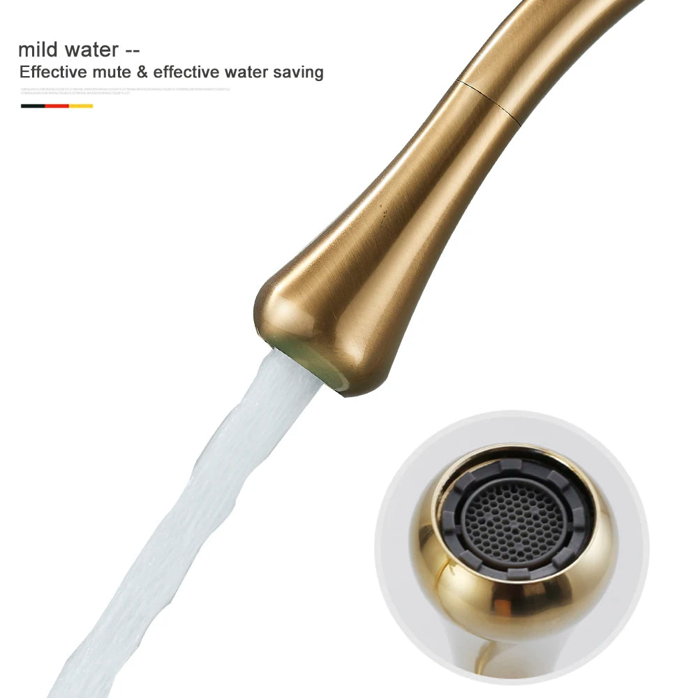 Brushed Gold Basin Faucet Deck Mounted Mixer for Bathroom Sink