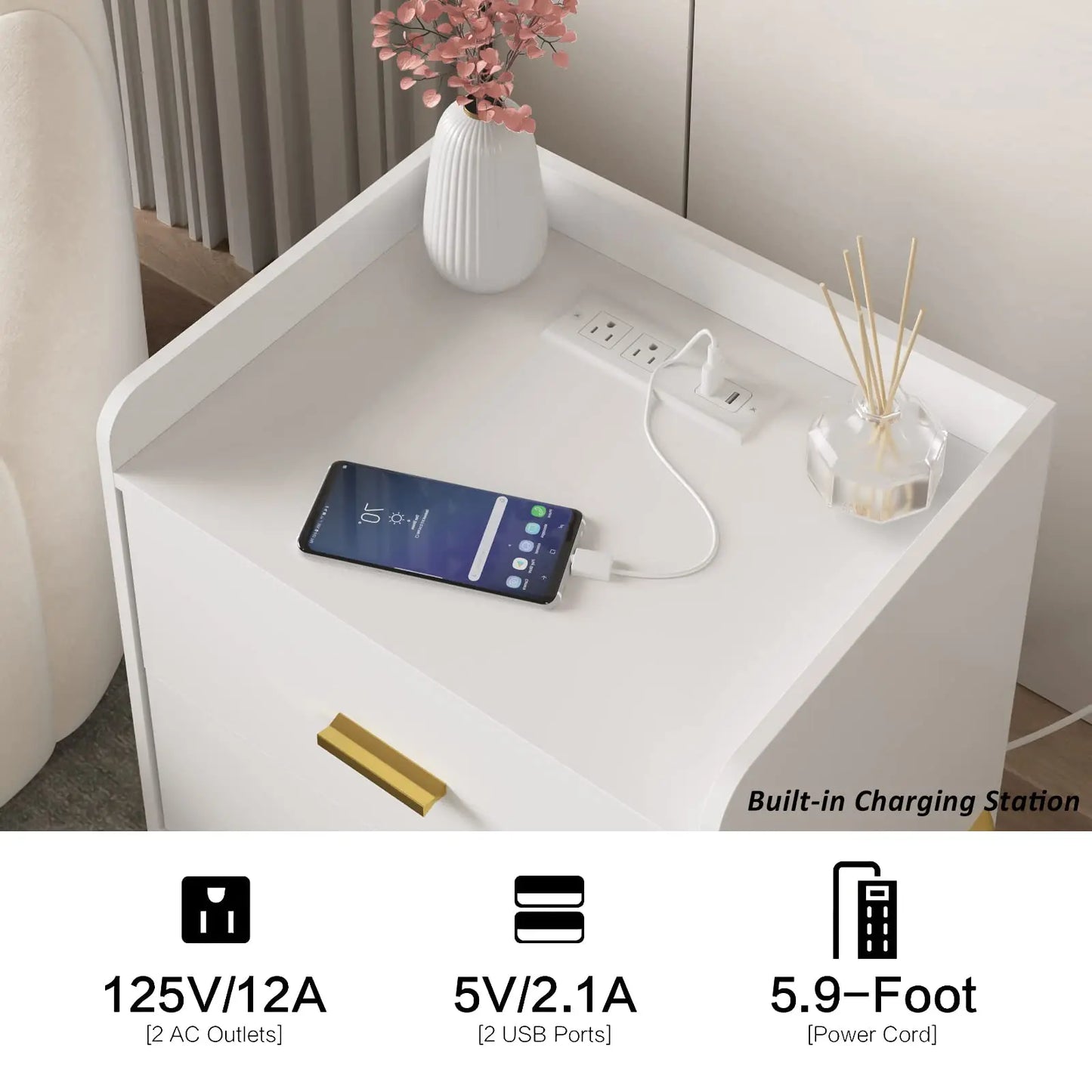 Vabches Modern Nightstand Set of 2 with Charging Station