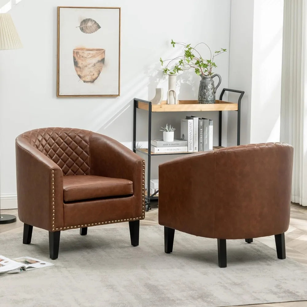 29 Inch Faux Leather Barrel Chairs Set of 2 Modern Accent Chairs