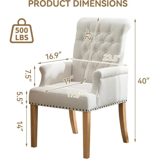 Upholstered Tufted Dining Chair with Arms and Solid Wood Legs