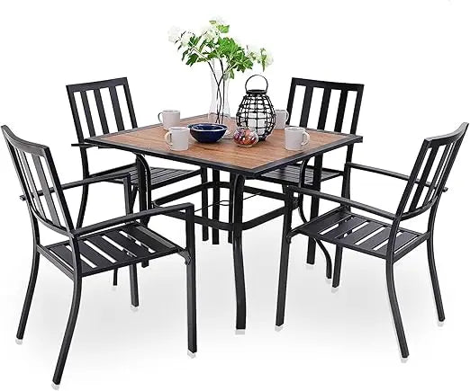 5 Piece Outdoor Dining Set for 4 with Stacking Wrought Iron Chairs