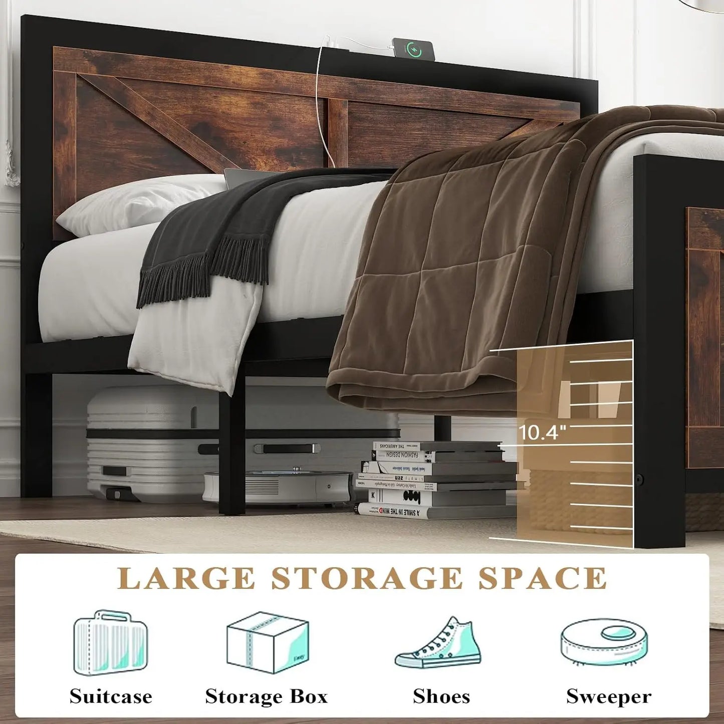 Queen Size LED Bed Frame with Rustic Wood Headboard and Charger