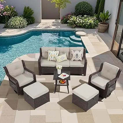 6 Piece Dark Beige Patio Furniture Set with Wicker Swivel Chairs