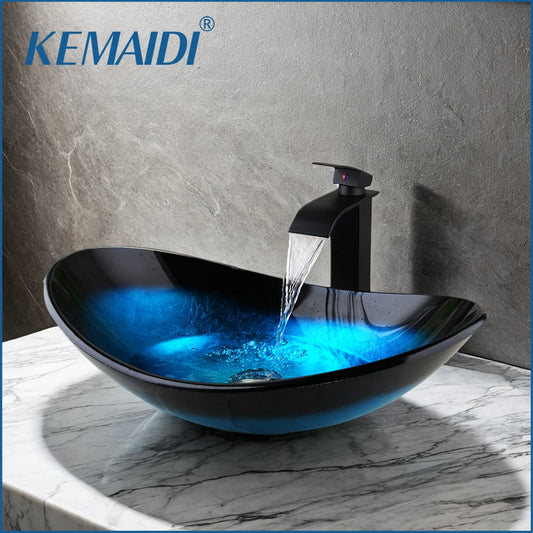 KEMAIDI Oval Tempered Glass Vessel Sink with Black Faucet Set