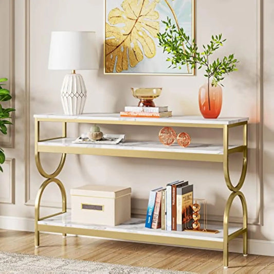 Modern 3 Tier Console Table with Faux Marble Top and Storage Shelves