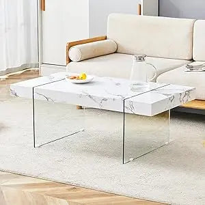 Modern White Rectangle Glass Coffee Table with Storage 43 Inches
