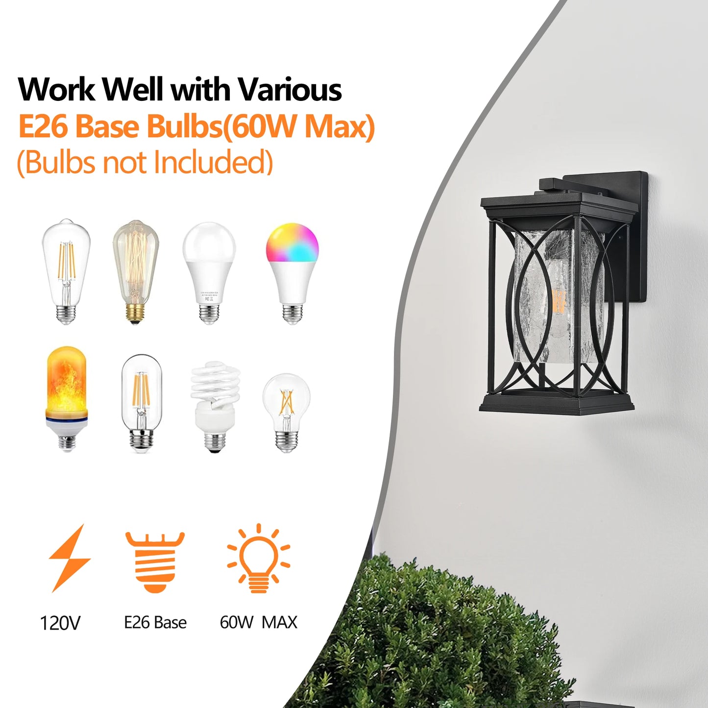Black Outdoor Wall Lantern with Crackled Glass and E26 Base