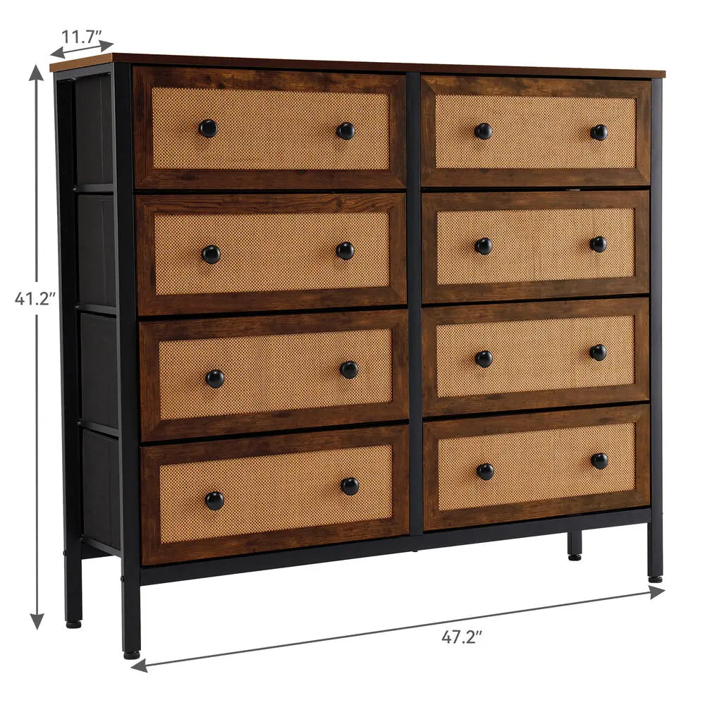 Rattan Woven Dresser 8 Drawer Chest of Drawers for Bedroom Storage